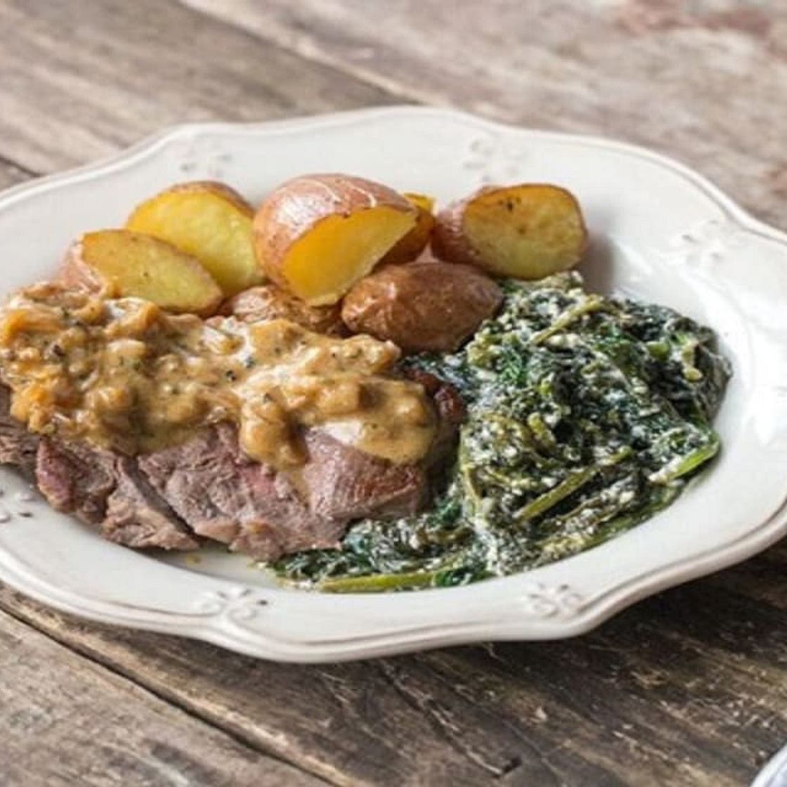Peppercorn Steak with Crispy Roasted Potatoes & Creamed Kale