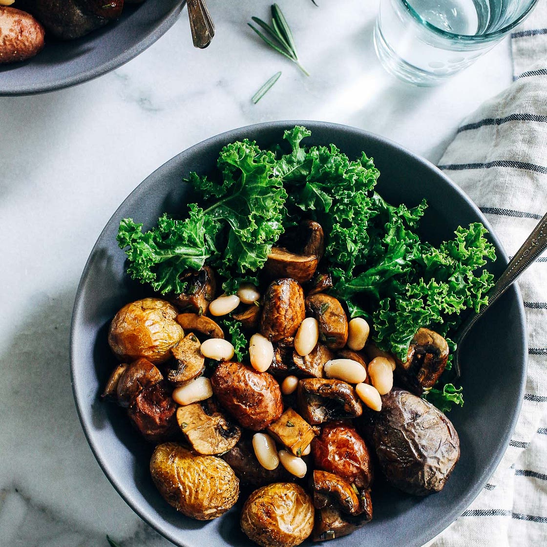 Sheet Pan Balsamic Rosemary Potatoes with Mushrooms, White Beans and Kale