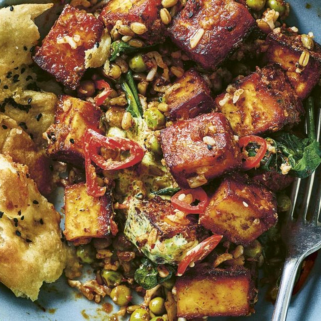 Spiced Paneer, Spinach and Pea Grain Bowl with Mint Yoghurt Sauce