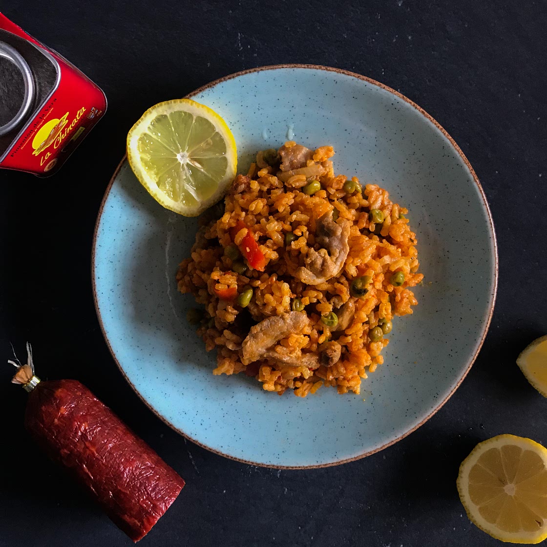 Delicious paella with chicken and chorizo