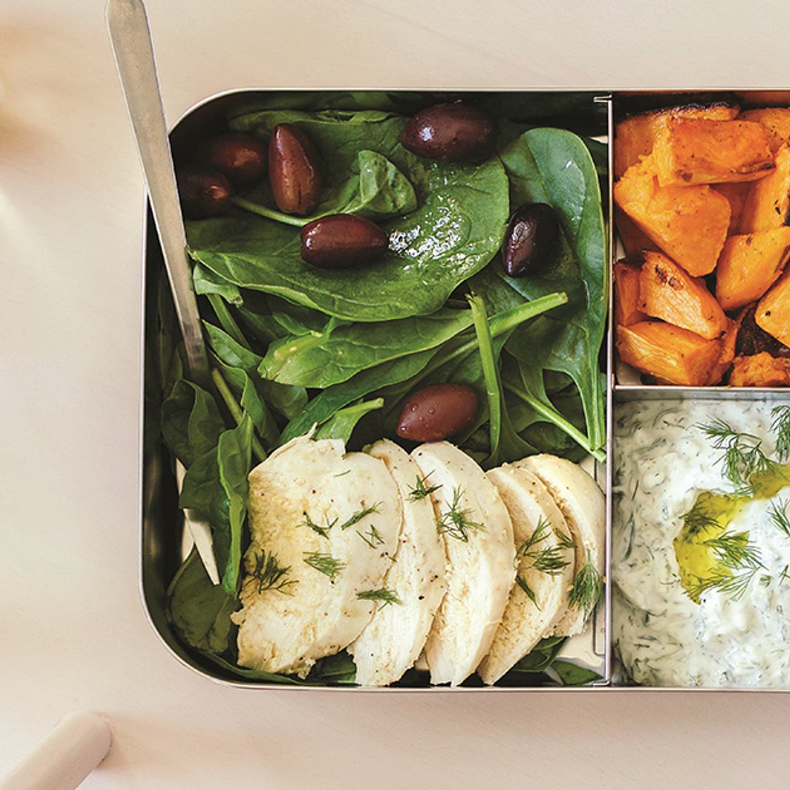 Lemon-Roasted Potatoes, Chicken and Spinach with Tzatziki