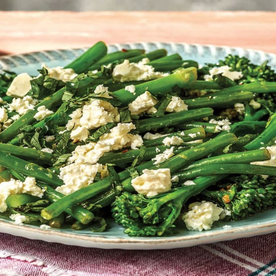 Sauteed Garlic Broccolini & Green Beans with Lemon, Mint & Feta | Serves 2