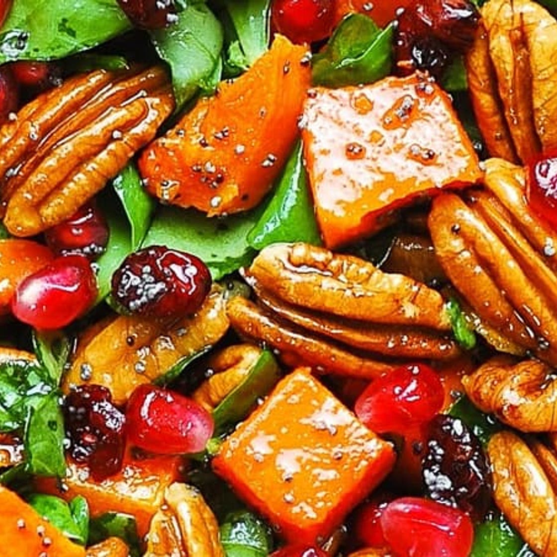 Butternut Squash and Spinach Salad with Pecans, Cranberries, Pomegranate
