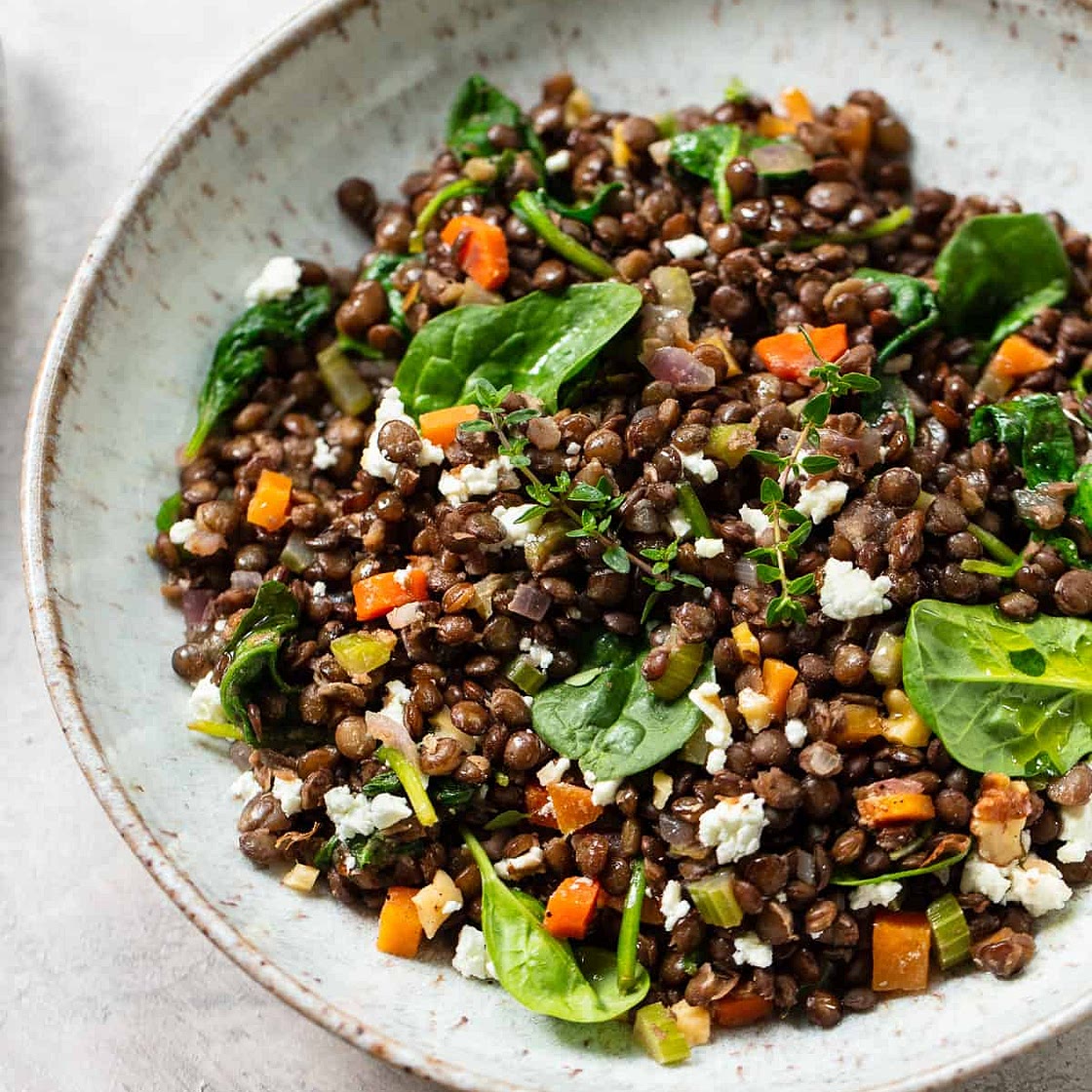 French Lentil Salad with Goat Cheese and Spinach
