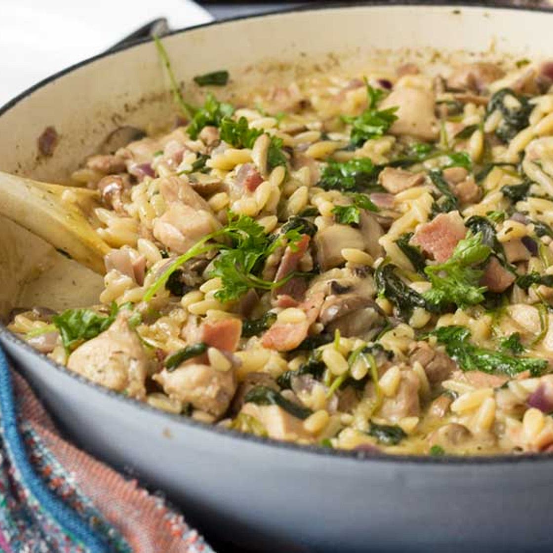 One-pot creamy chicken, bacon and mushroom orzo