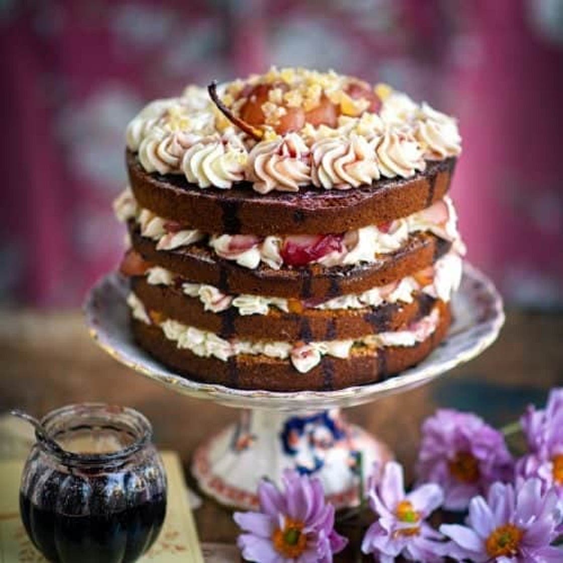 Ginger cake with wine poached pears and cream cheese frosting