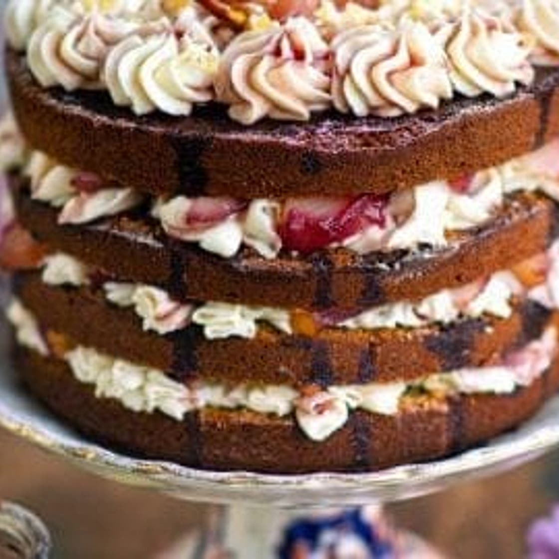 Ginger cake with wine poached pears and cream cheese frosting