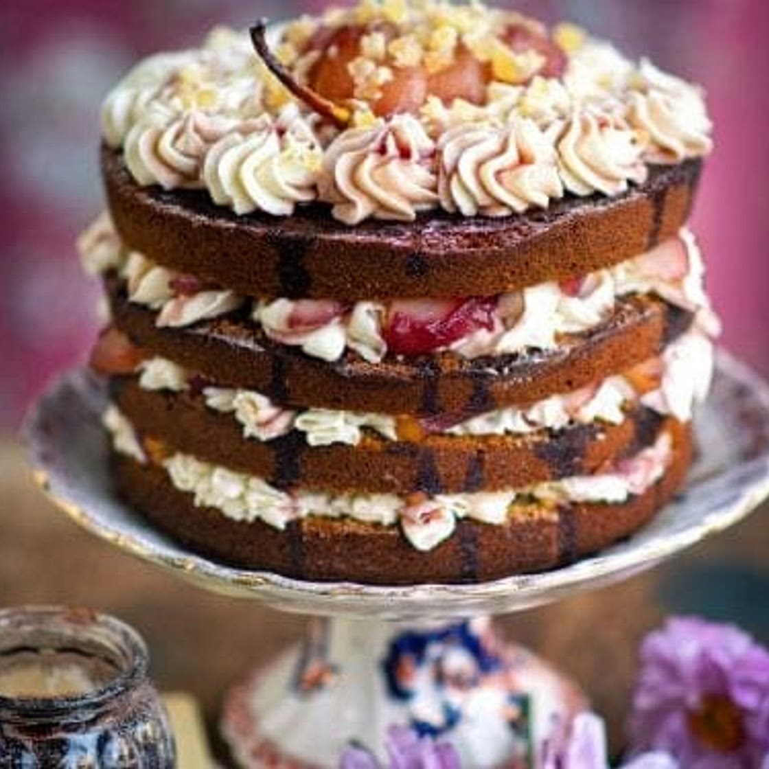 Ginger cake with wine poached pears and cream cheese frosting