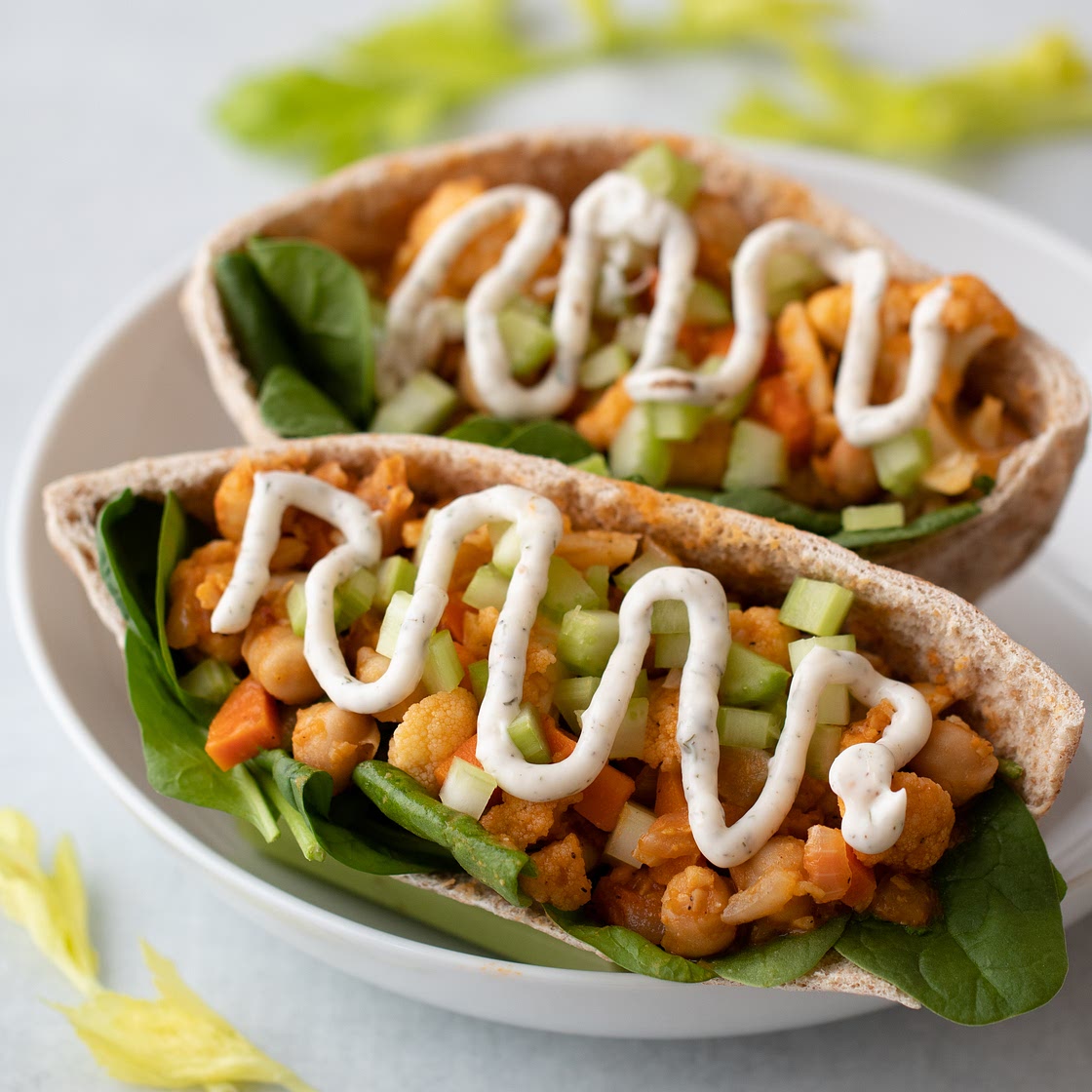 Buffalo Cauliflower & Chickpea Pita Pockets with Ranch Sauce
