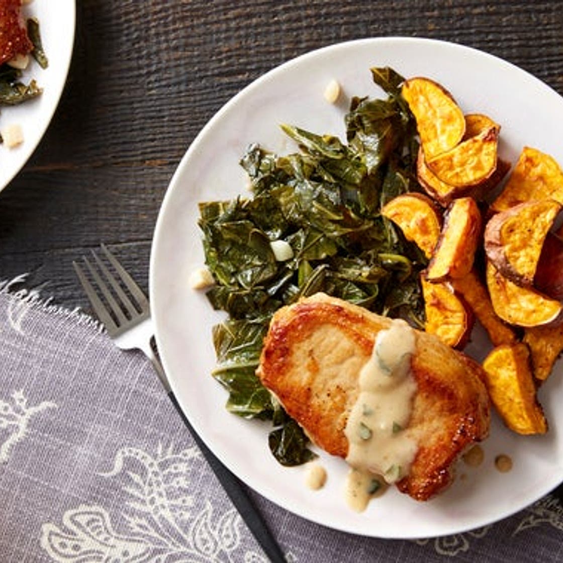 Maple Gravy-Smothered Pork Chops with Stewed Collard Greens & Sweet Potatoes