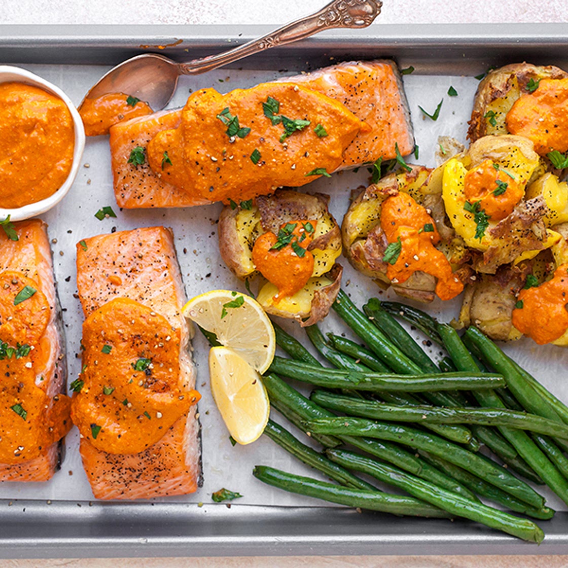 Sheet-Pan Salmon Romesco With Green Beans & Crushed Potatoes