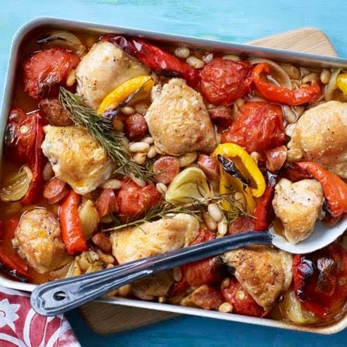 Chicken tray bake with Chorizo, tomato & red pepper