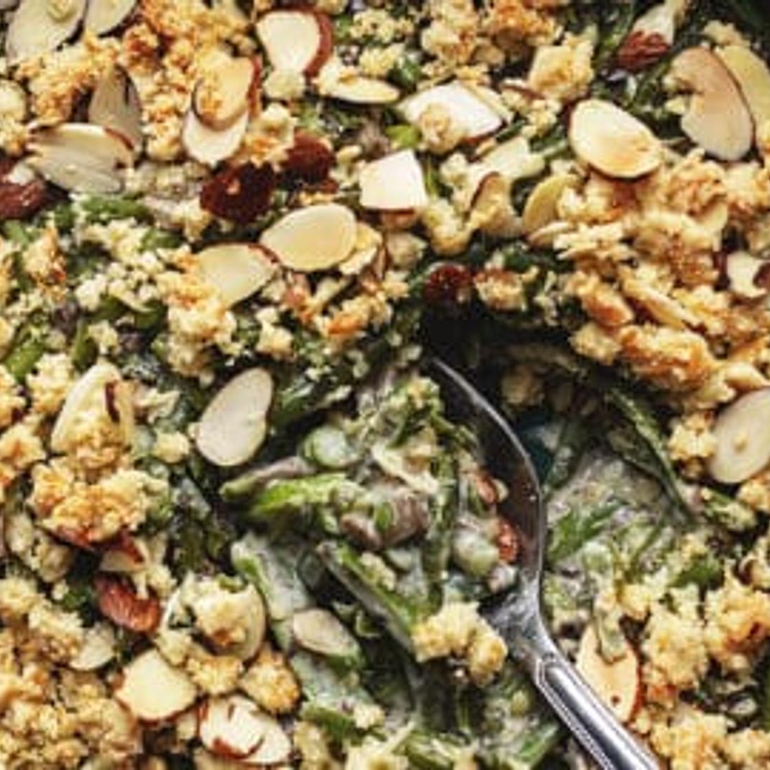 Keto Green Bean Casserole with Almond Parmesan Topping