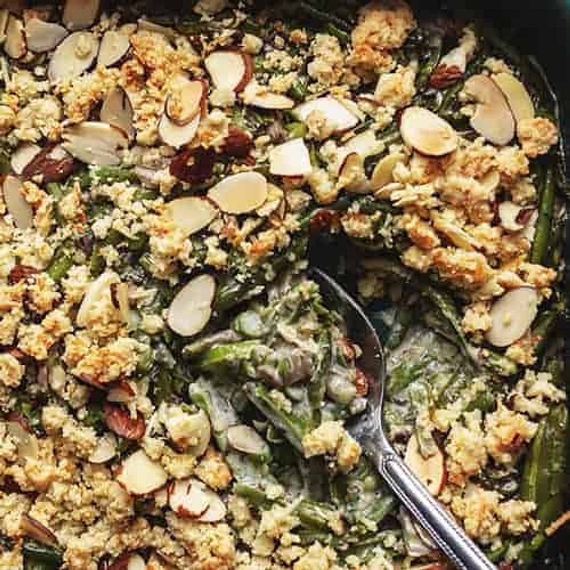 Keto Green Bean Casserole with Almond Parmesan Topping