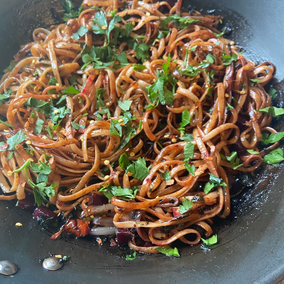Wine Infused Pasta with Black Garlic & Beets 