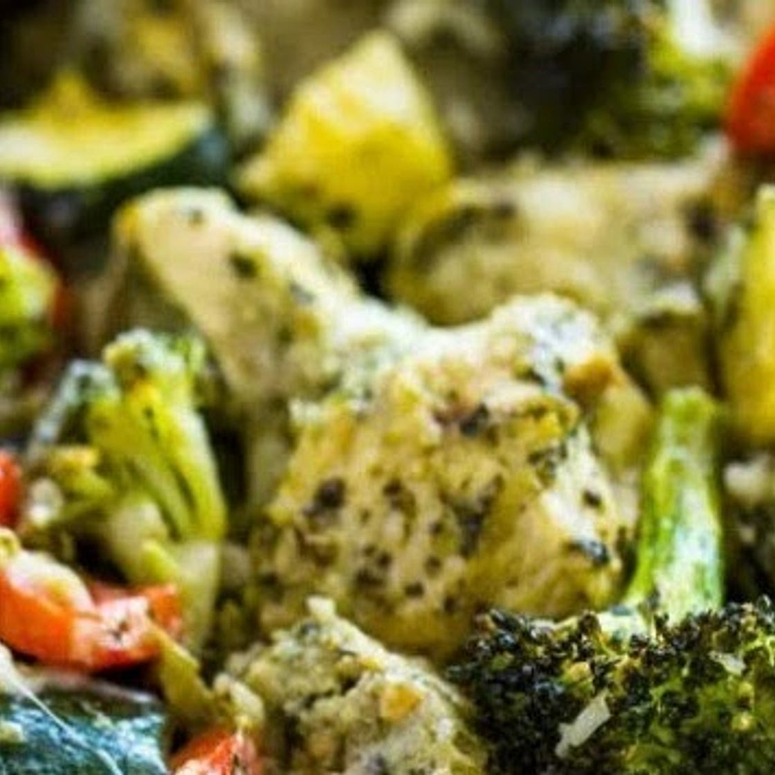 Recipe: 20 Minute Sheet Pan Pesto Chicken and Veggies