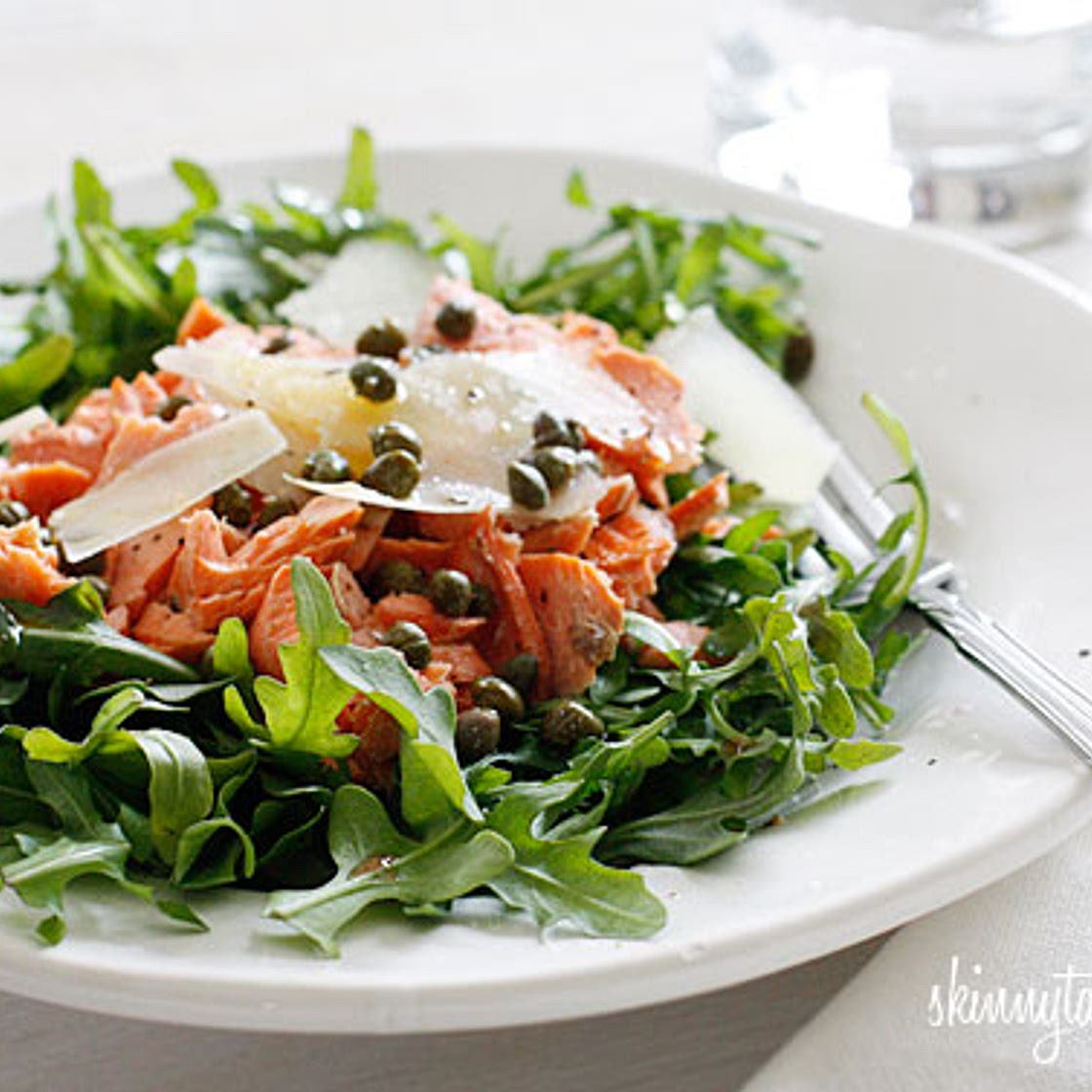 Arugula Salmon Salad with Capers and Shaved Parmesan