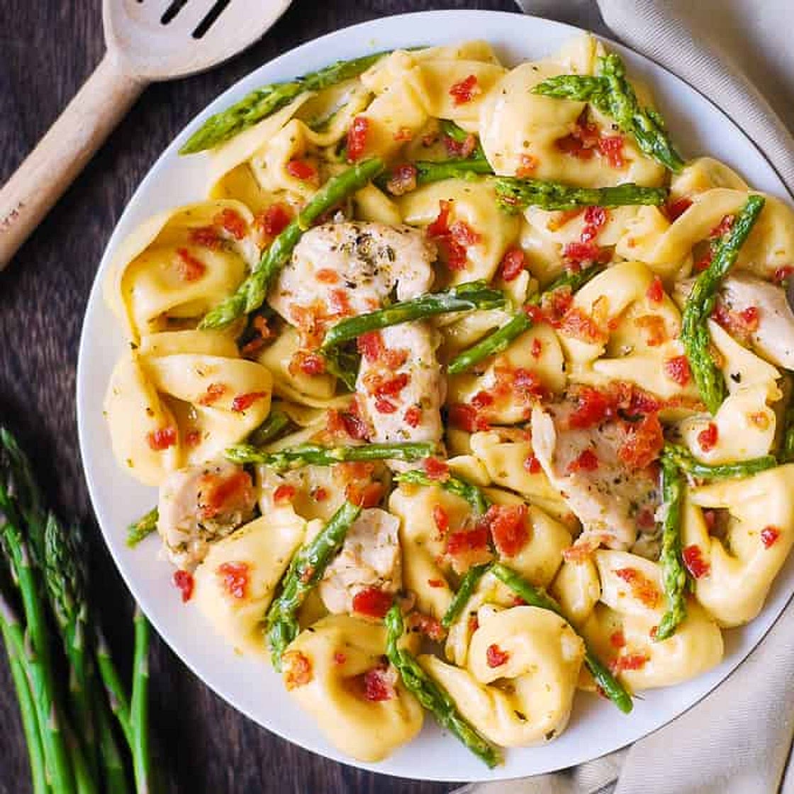Creamy Chicken and Tortellini with Asparagus and Bacon (30-Minute Meal)