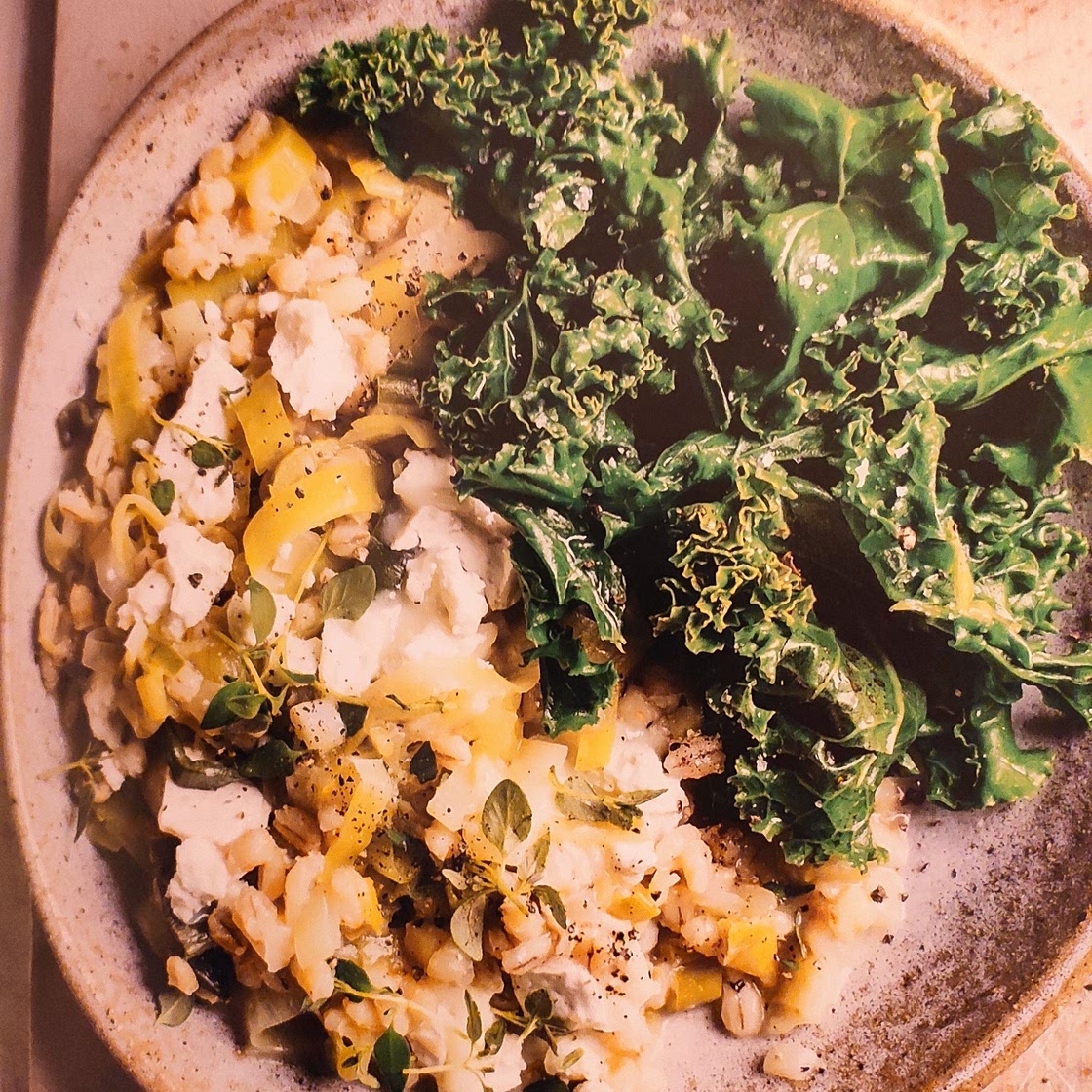 Leek and goat's cheese barley risotto