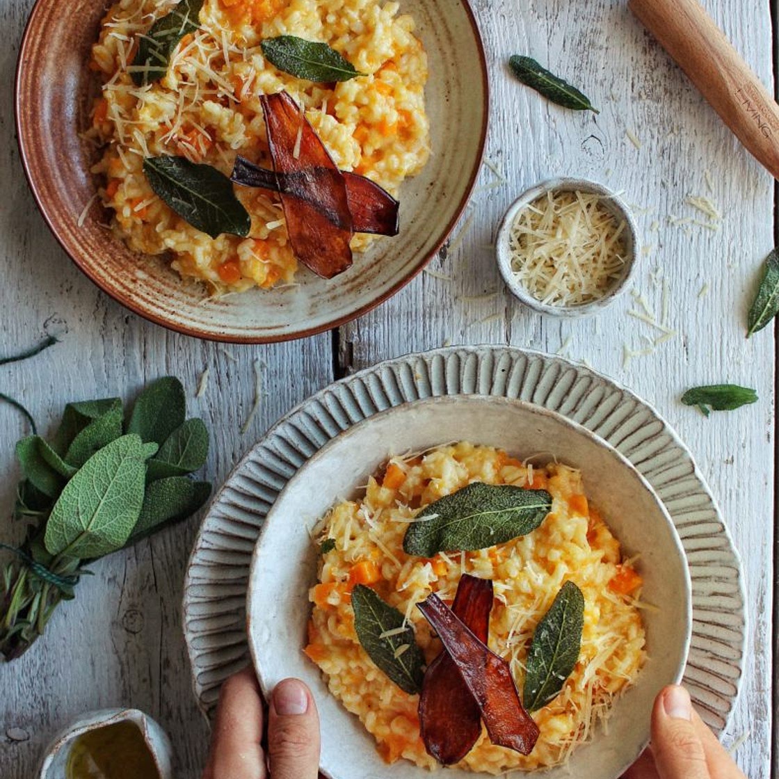 Squash Risotto, Crispy Sage, Eggplant Bacon - Avant-Garde Vegan