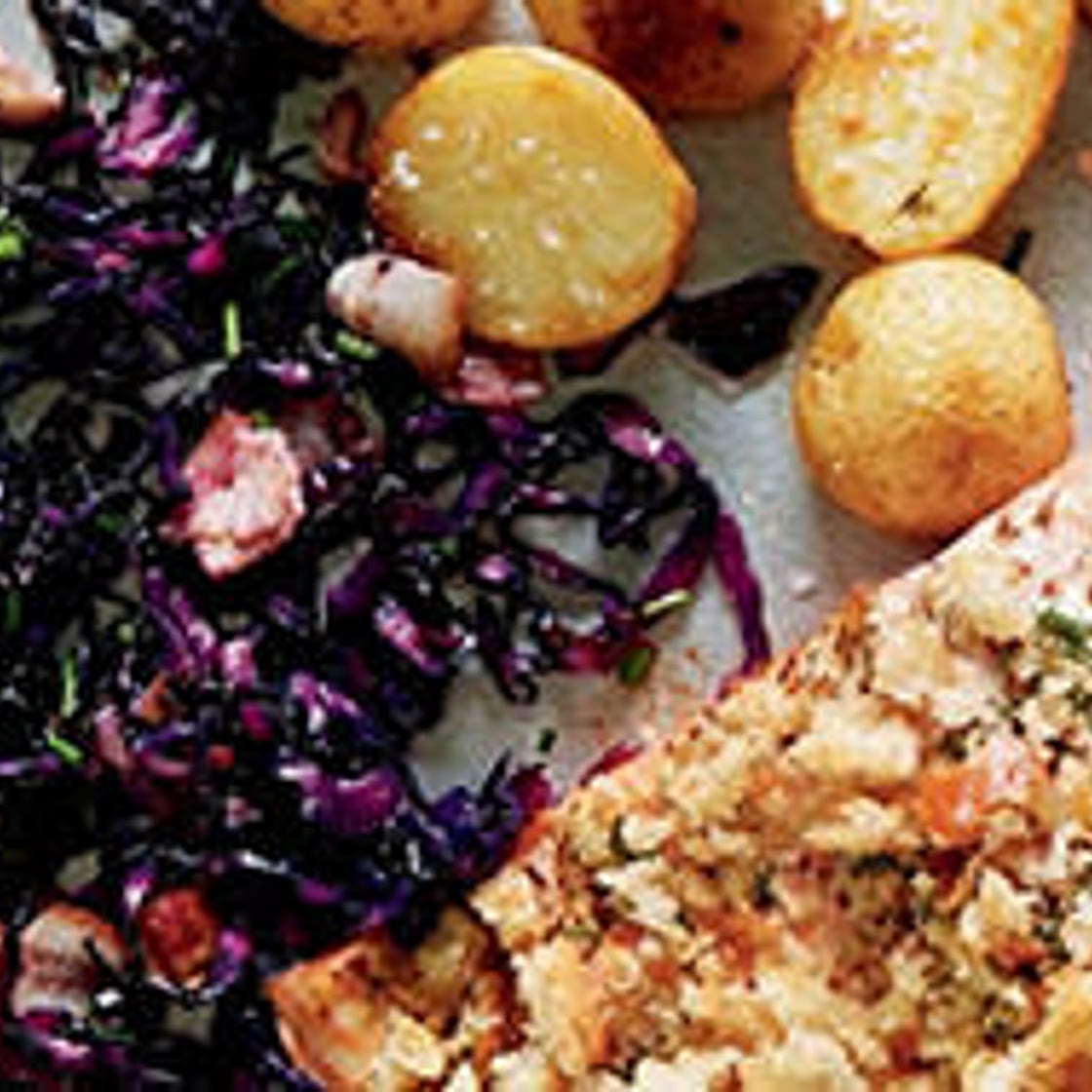 MUSTARD-CRUMBED SALMON WITH SWEET & SOUR CABBAGE & ROAST POTATOES