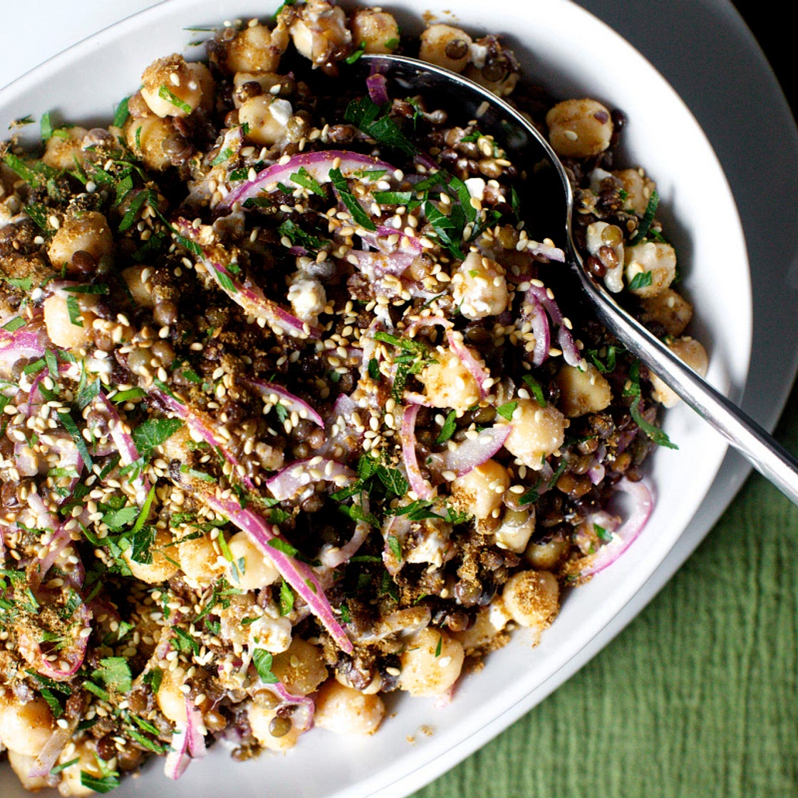 lentil and chickpea salad with feta and tahini