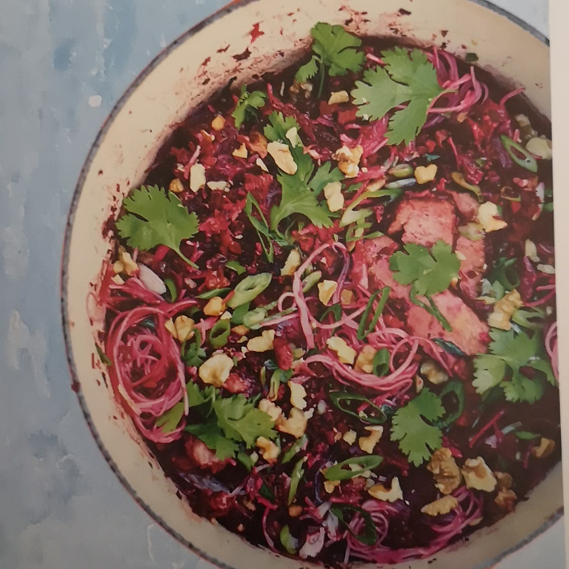 Clay pot noodles with beetroot and smoked tofu