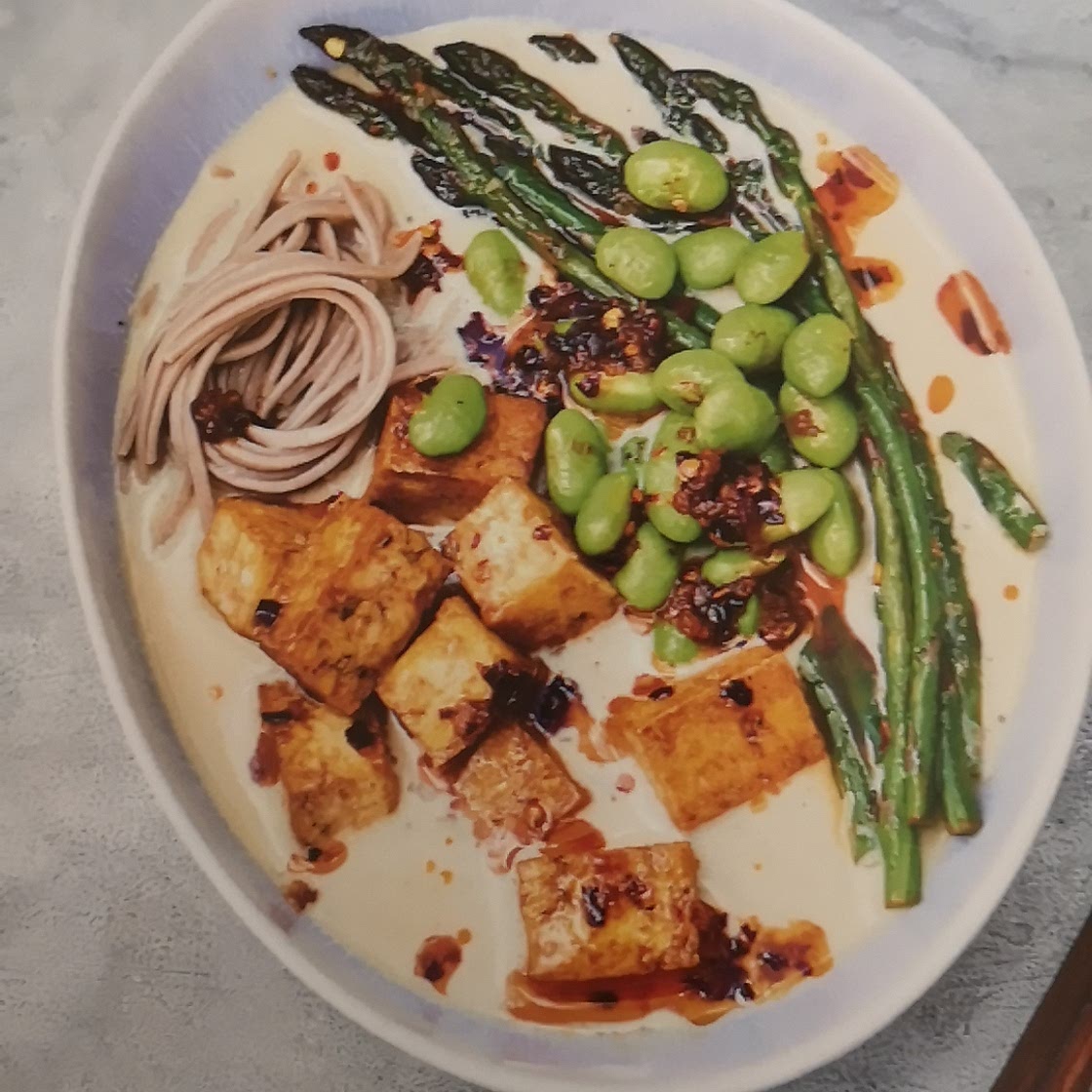 White miso ramen with tofu and asparagud