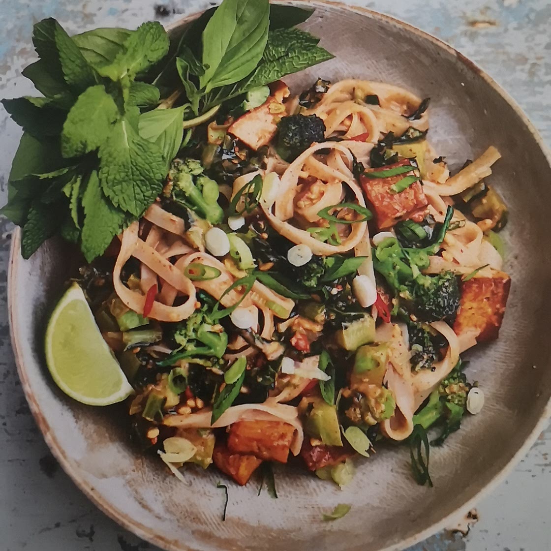 Peanut butter and purple sprouting broccoli pad thai