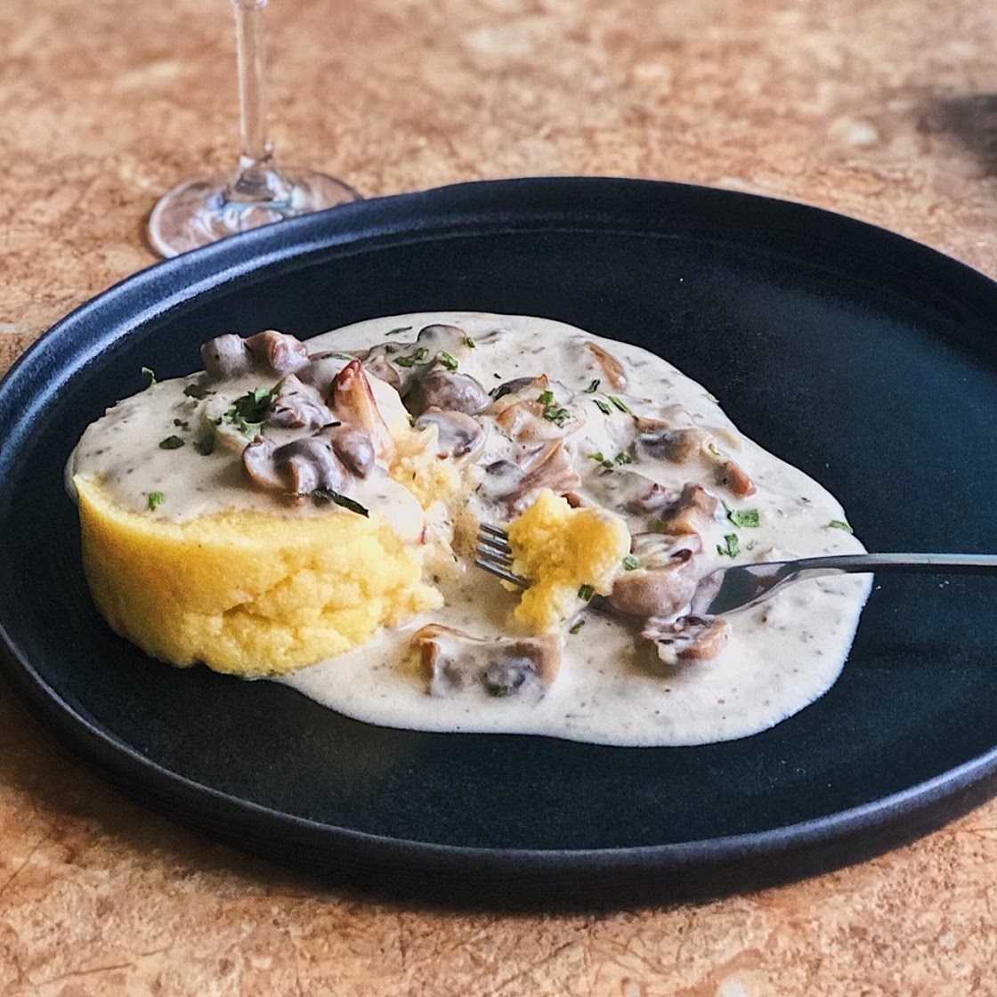 Coconut cream polenta with mushrooms
