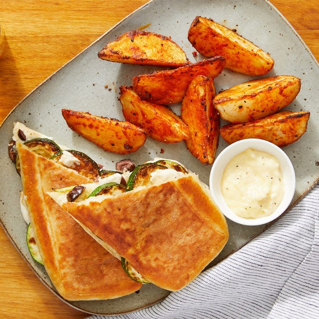 Zucchini, Mozzarella, & Olive Paninis with Smoky Roasted Potatoes