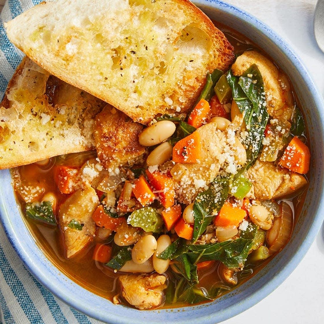 Chicken & White Bean Soup with Crispy Garlic Toast