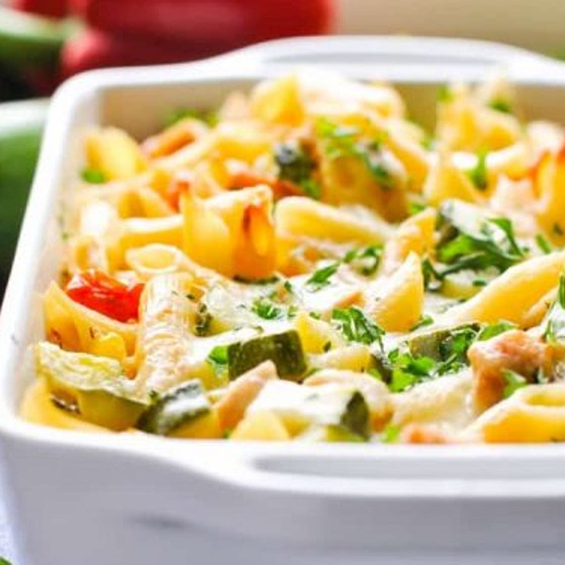Dump and Bake Summer Pasta with Corn, Zucchini, Tomatoes and Chicken