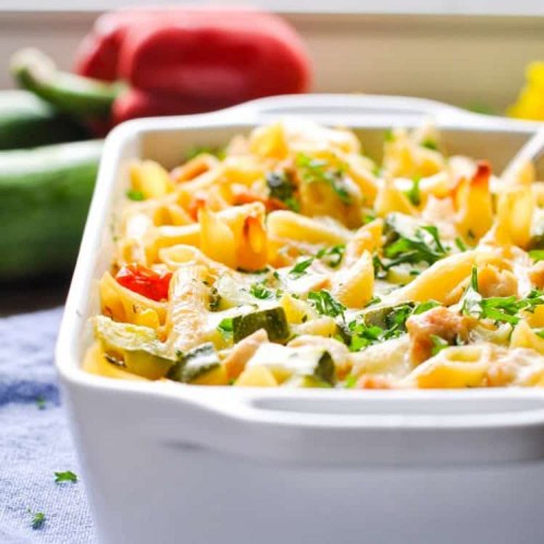 Dump and Bake Summer Pasta with Corn, Zucchini, Tomatoes and Chicken