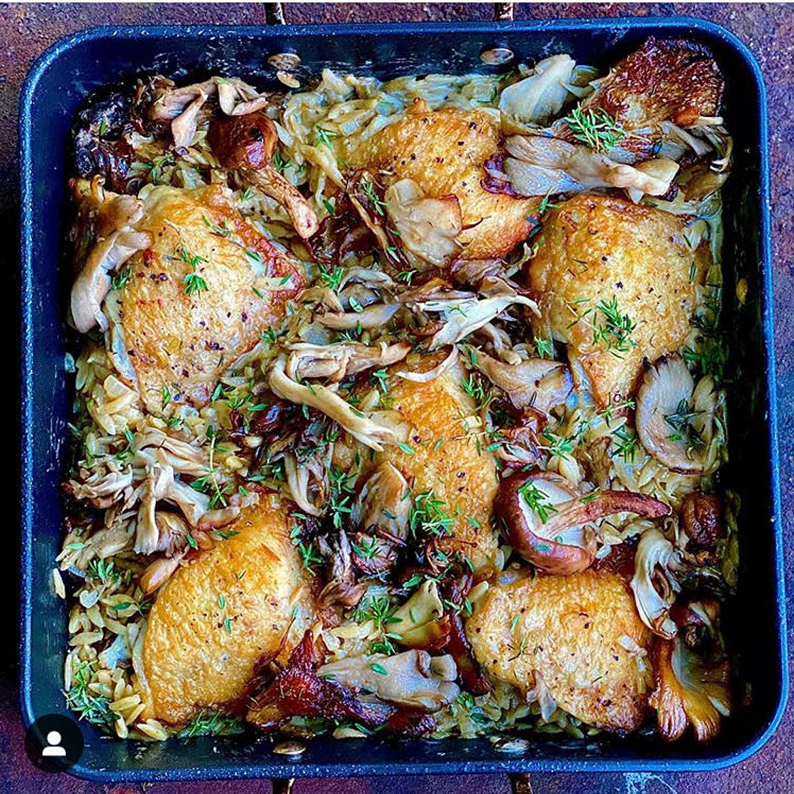 Chicken mushroom orzo traybake 