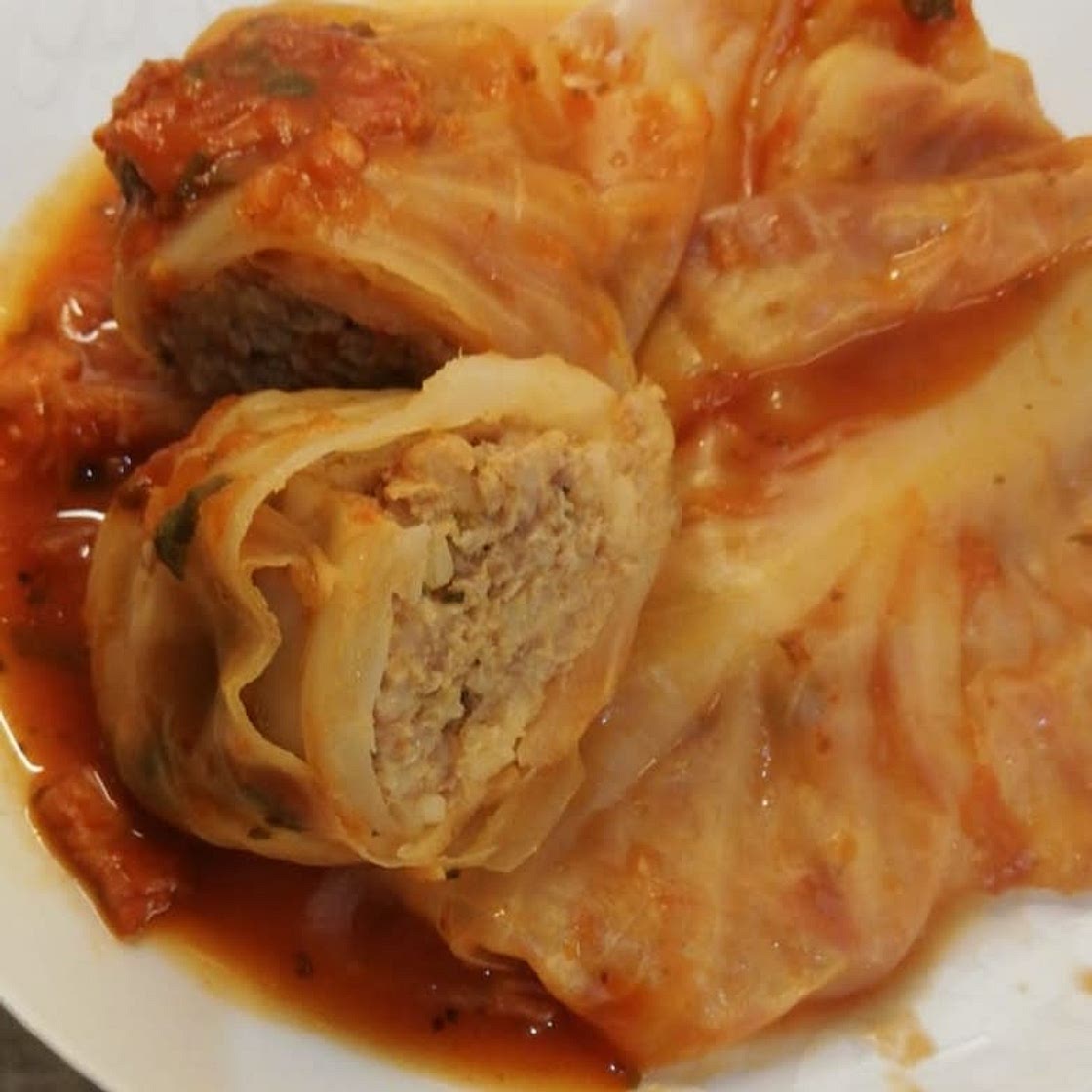 Stuffed cabbage in tomato sauce.