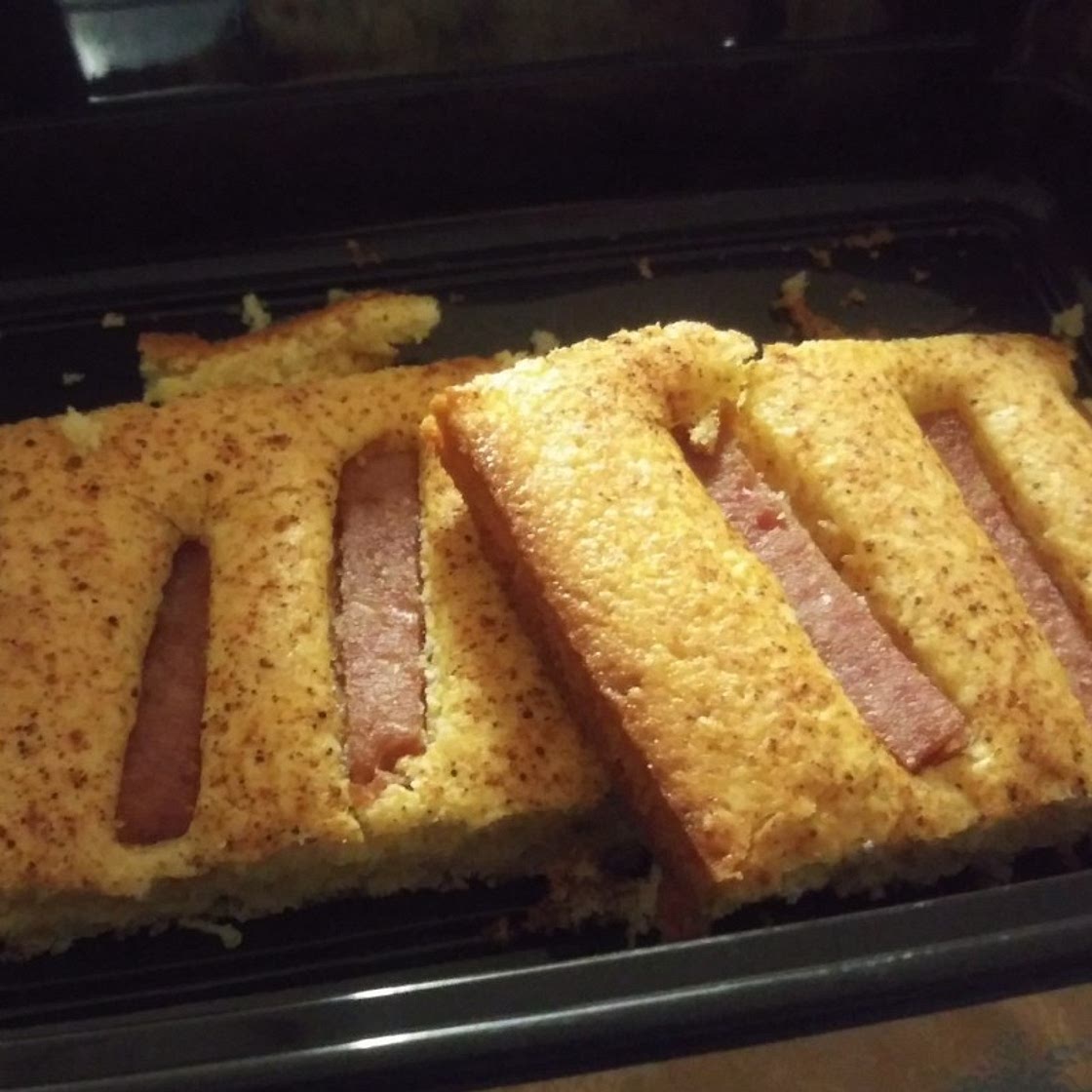 Spam "corn bread" dogs by Lexi
