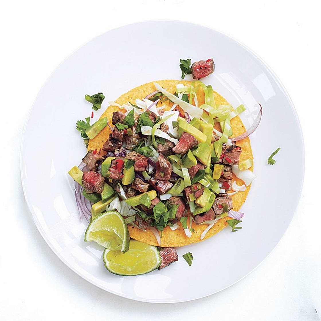 Pickled Beef Tostadas with Tomatillo Salsa