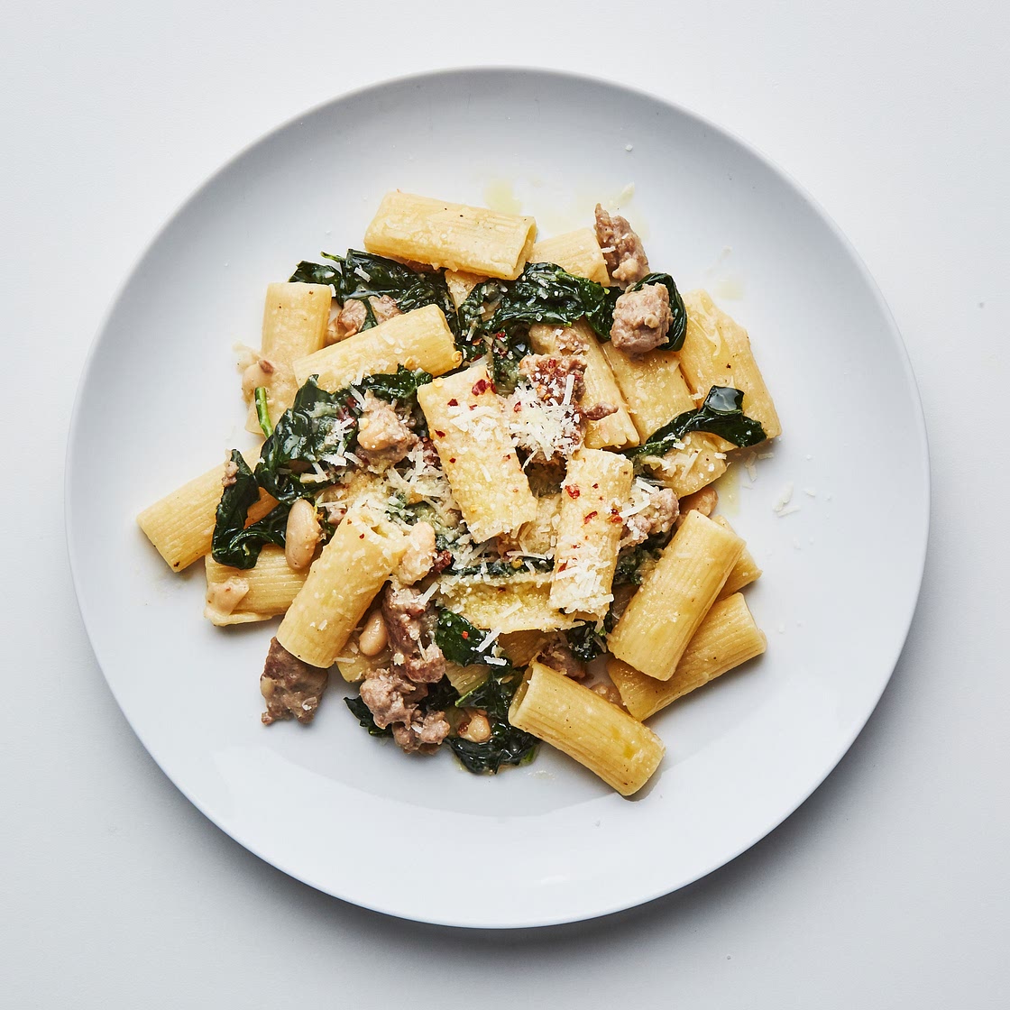 Rigatoni with Sausage, Beans, and Greens