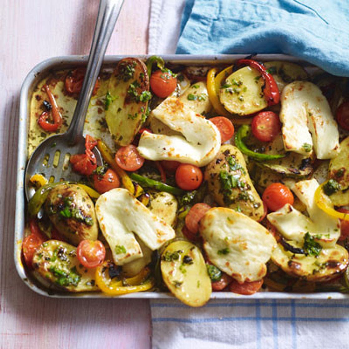 Mediterranean roasted halloumi with basil dressing