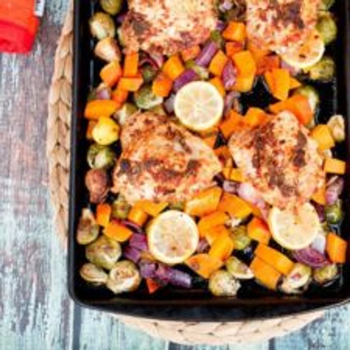 One-Pan Roasted Chicken with Butternut Squash and Brussels Sprouts