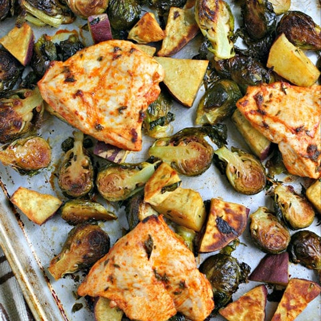 Sheet Pan Chicken Dinner with Brussels Sprouts and Sweet Potatoes
