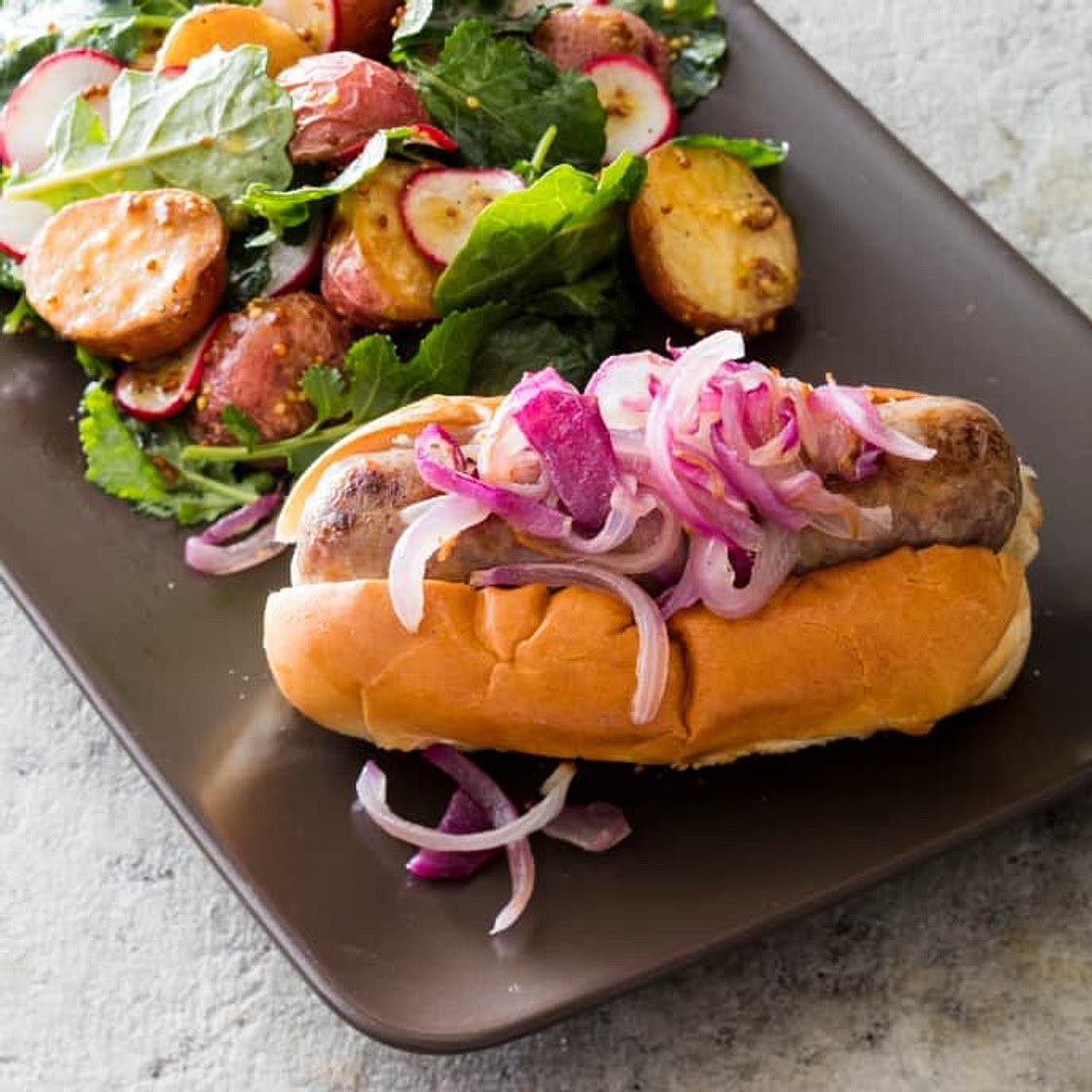 Bratwurst Sandwiches with Red Potato and Kale Salad