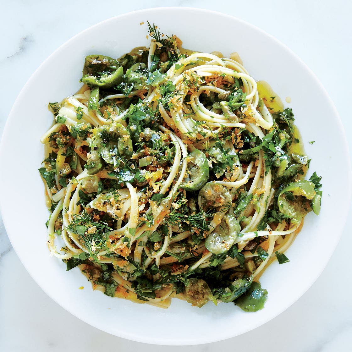Linguine with Green Olive Sauce and Zesty Breadcrumbs