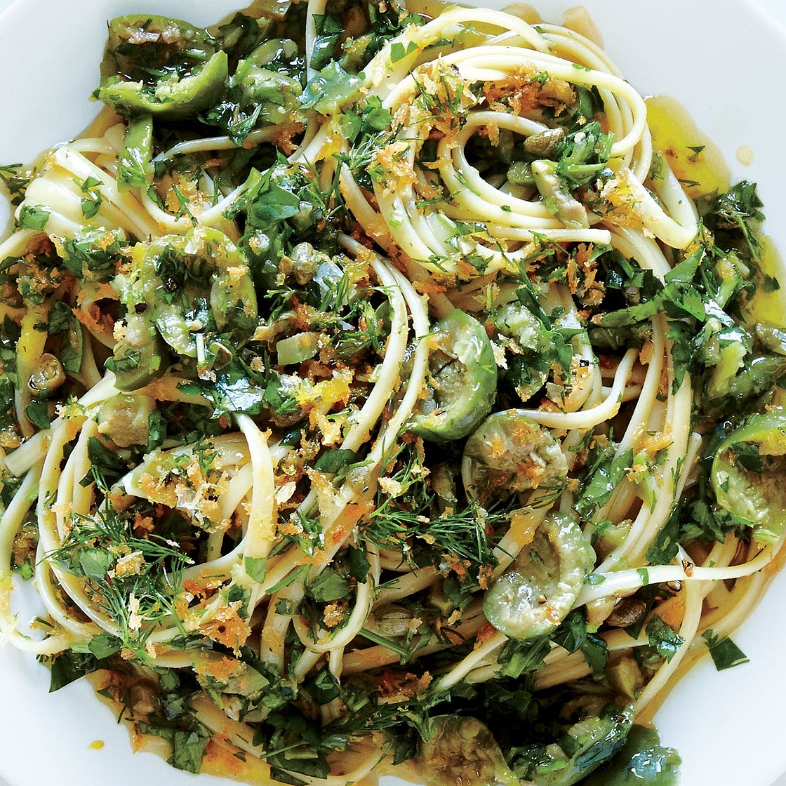 Linguine with Green Olive Sauce and Zesty Breadcrumbs