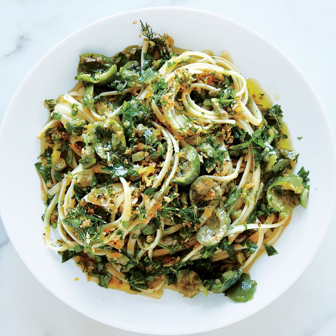 Linguine with Green Olive Sauce and Zesty Breadcrumbs