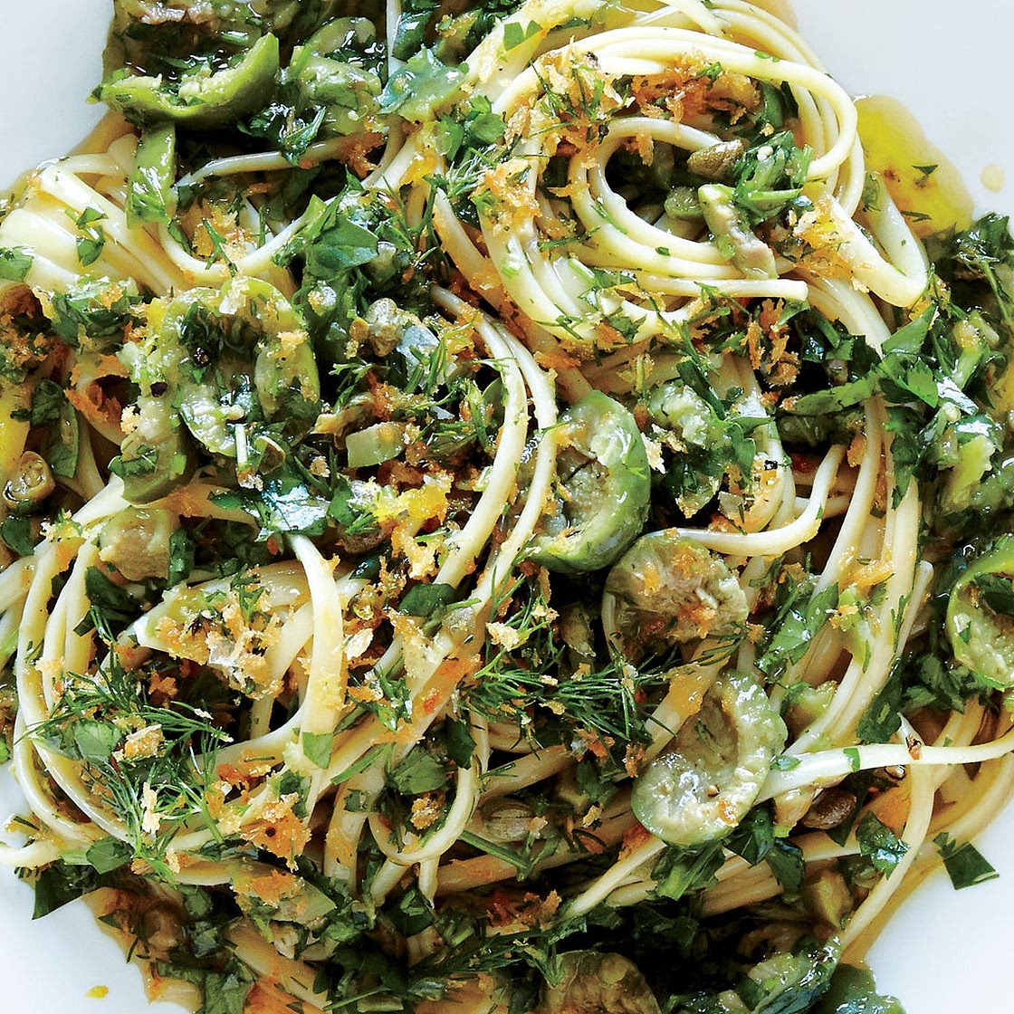 Linguine with Green Olive Sauce and Zesty Breadcrumbs