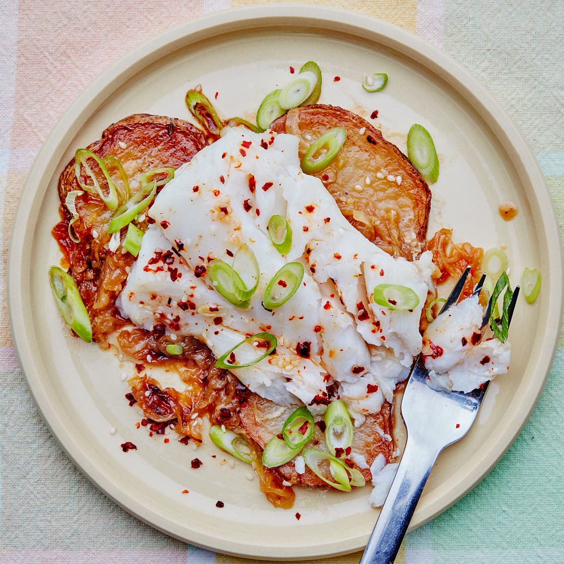Cod With Soy-Caramelized Onions and Potatoes