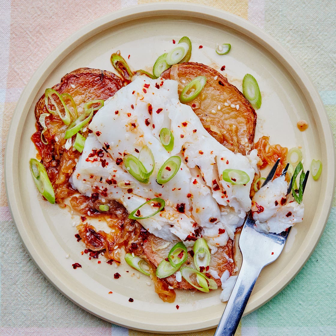Cod With Soy-Caramelized Onions and Potatoes