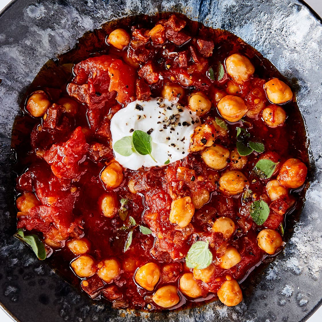 Chorizo, Tomato, and Chickpeas with Yogurt